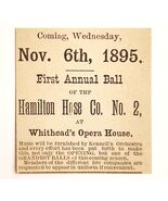 1895 Hamilton Hose No 2 Fire Dept Ball Victorian Advertisement Opera Hou... - $42.03 CAD