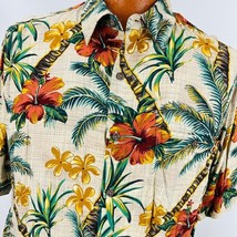 Batik Bay Hawaiian Aloha Shirt L Beige Yellow Hibiscus Palm Trees Floral... - £35.39 GBP