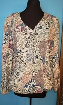 Knox Rose Womens Sz M Top Blouse Long Sleeve Wrap Paisley Boho Peasant Ivory - £17.26 GBP