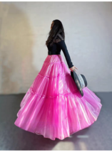 Hot Pink Fluffy Satin Maxi Skirt Women Custom Plus Size Tiered Satin Party Skirt image 6