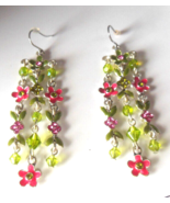 Multi-color Enamel Rhinestone Flower Dangle Hook Earrings 2.3/4&quot; Long - £13.54 GBP