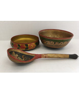Russian VTG folk art Khokhloma handpainted ladle spoon and bowls souvenir - $28.66