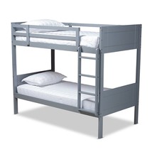 Twin Bunk Bed Wood Frame Fixed Ladder Guard Rails Walnut Brown Gray Cont... - $552.97