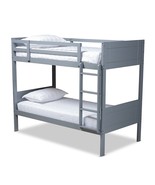 Twin Bunk Bed Wood Frame Fixed Ladder Guard Rails Walnut Brown Gray Cont... - $653.69 CAD+