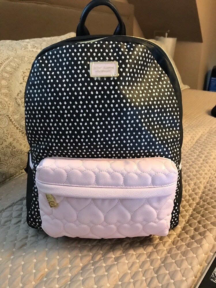 Betsey Johnson Backpack Pink Black DOTS Quilted Hearts School Travel Bag NWT