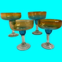 Margarita Glasses Set of 4 Hand Blown Blue and Gold Large Capacity - £32.88 GBP