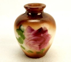 White Milk Glass Urn Bud Vase, Hand Painted Pink Rose w/Leaves, Brown Hi... - $14.65