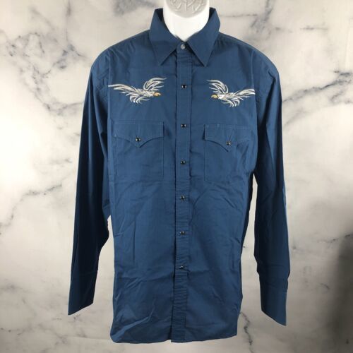 High Noon Western Pearl Snap Shirt Mens Size L Button Up Blue Embroidery... - $18.66