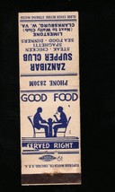 Zanzibar Supper Club Clarksburg PA Vintage Matchbook - £6.43 GBP