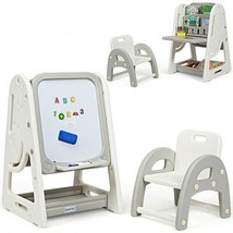 2-in-1 Kids Easel Desk Chair Set Book Rack Adjustable Art Painting Board-Gray - - $111.69