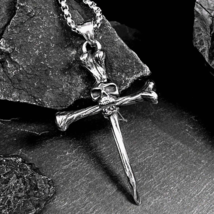 Gothic Retro Silver Skull Cross Pendant Necklace Men&#39;s Punk Jewelry Chain 24&quot; - £7.09 GBP
