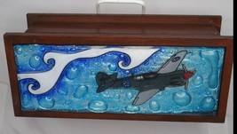 P40 Fighter Warhawk WWII Plane Fused Art Glass Wood Treasure Box Jewelry Ecuador - £35.01 GBP