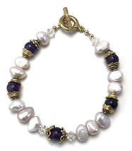 Vintage 80&#39;s Purple Amethyst Baroque Pearl Gold Tone Beaded Bracelet - £17.13 GBP