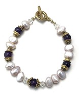 Vintage 80&#39;s Purple Amethyst Baroque Pearl Gold Tone Beaded Bracelet - $29.77 CAD