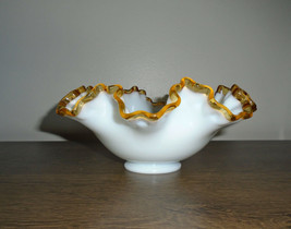 Fenton Gold Crest Ruffled Milk Glass Candy Bonbon Dish Bowl Vintage - £15.68 GBP