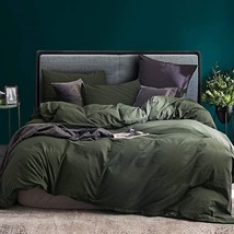 Dark Moss Green Color Washed Cotton Duvet Cover with Buttons- Duvet Cove... - $67.61+