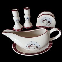 Christmas Stoneware Royal Seasons Snowmen Gravy Boat Napkin Holder Candle Set - £21.14 GBP