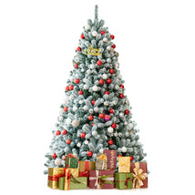 Costway 7&#39; Pre-lit Snow Flocked Hinged Christmas Tree w/ Metal Stand &amp;11... - £218.57 GBP