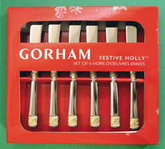 Gorham Festive Holly Set of 6 Cocktail Appetizer Knives Gold Trim 5.75&quot; New - £24.84 GBP
