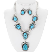 Navajo Turquoise Squash Blossom Y Necklace Earrings Sterling Silver Set - £719.45 GBP