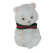 Fenton Satin White Glass Christmas Bear Figurine Red Green Bow - £23.67 GBP