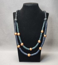 Vintage Wooden Beaded Bib Necklace 24&quot; Blue Green &amp; Copper Wood Bead Boho Chic - £17.36 GBP