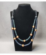 Vintage Wooden Beaded Bib Necklace 24&quot; Blue Green &amp; Copper Wood Bead Boh... - £17.20 GBP