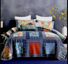 3pc Handmade Vintage Dark Blue Paisley Patchwork 100% Cotton Queen Quilt Set - £161.57 GBP