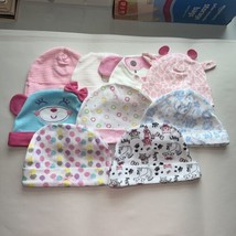 Set Of 9 Baby Girls Hat Bundle 0-3 Months Beanie Hats Pink Cow Bear Kitty Floral - $8.61