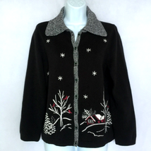 Christopher &amp; Banks Knit Cardigan Sweater Sz M Embroidered Winter Scene ... - £21.86 GBP