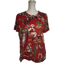 Womens Vintage Retro Western Print Movie Cowgirl Red Pullover T-Shirt Large - £23.52 GBP