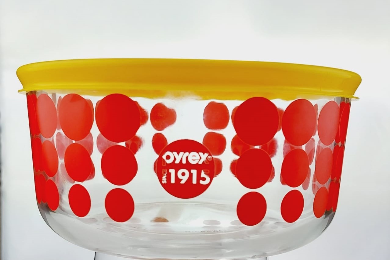 4 Cup Decorated Pyrex 100 Year Anniversary Red with Yellow Lid  - $10.00