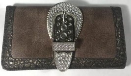 Silver &amp; Brown Big Rhinestone Belt Buckle Wallet Holder Clutch Gift Faux Leather - £11.71 GBP