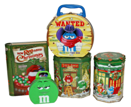 5 Lot M&amp;M Candy Tins Canisters Pails Christmas Series Galerie Buckets Limited - £27.97 GBP