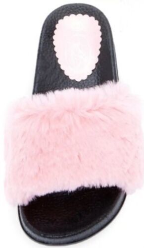 Primary image for Cotton Candy Pink Faux Fur Furry Fuzzy Slide Sandals Size 7 NEW