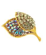 Vtg Double Leaf Brooch Pin Yellow and Blue Carnival Rhinestone Yellow En... - $9.89