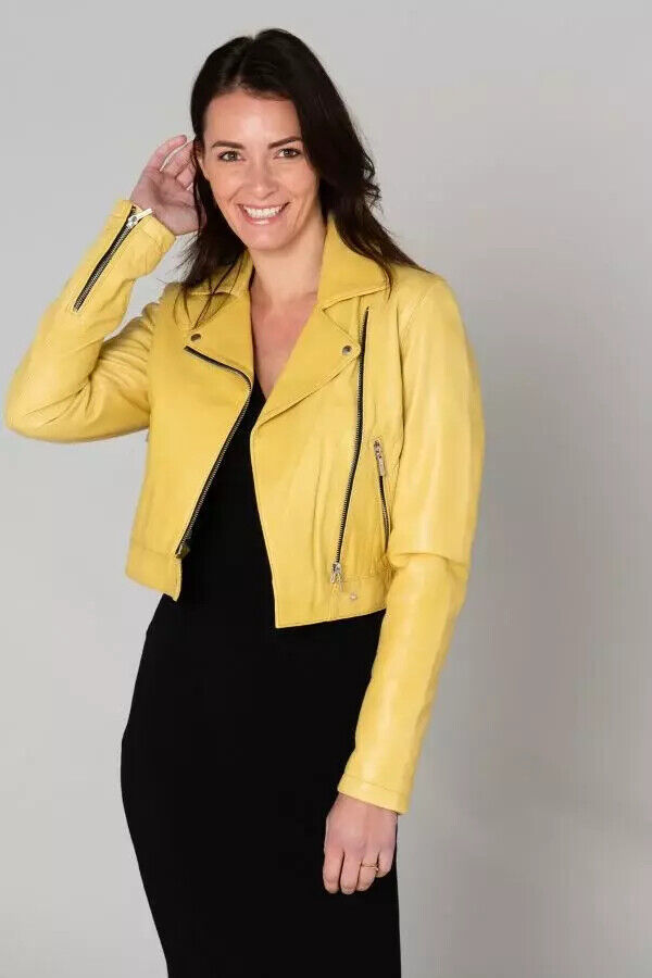 Stylish Womens Yellow Leather Jacket Real Lambskin Handmade Biker Motorcycle Item image 4