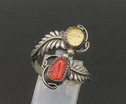 NAVAJO 925 Sterling Silver - Vintage Coral Floral Bypass Ring Sz 7.5 - RG21687 - £58.08 GBP