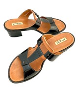 PAUL GREEN T Strap Patent Leather Black Slides Sandals Women&#39;s Block Hee... - $29.70