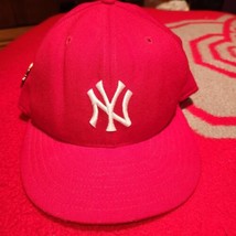 Vintage N.Y.  Yankees Red fitted wool hat cap size 7 1/4 with subway ser... - £20.09 GBP