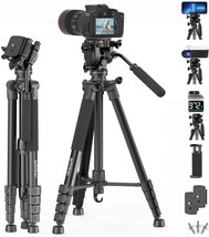 Smvchen 74.8&quot;Camera Tripod With Fluid Head Phone Clip 2 Quick Release Plate 3 - £63.50 GBP