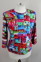 Chico&#39;s 1 (M 8) Colorful House Building Print 3/4 Sleeve Jersey Stretch Top - £19.69 GBP