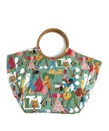 Neiman Marcus Tote Bamboo Handles Pastel Print Women Shoppers Cotton Can... - $22.98