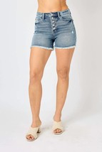 Judy Blue high waist button fly frayed edge shorts in Medium Blue - £29.17 GBP