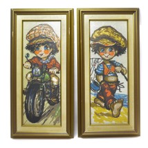 Vintage Set 2 Margot de Paris Needlepoint Framed Boy Big Eye Motocycle Fishing - $84.12