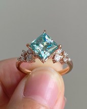 Princess Cut Green Hidden halo Bridal Ring, Promise Ring Unique Princess Ring  - £112.65 GBP