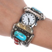 6&quot; 1970&#39;s MF Native American silver, turquoise, and coral watch cuff w/timex - £309.69 GBP