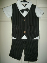 NEW Boys 2 Pc Suit Outfit black white pinstripe shortsleeve bow tie sz 1... - $10.95