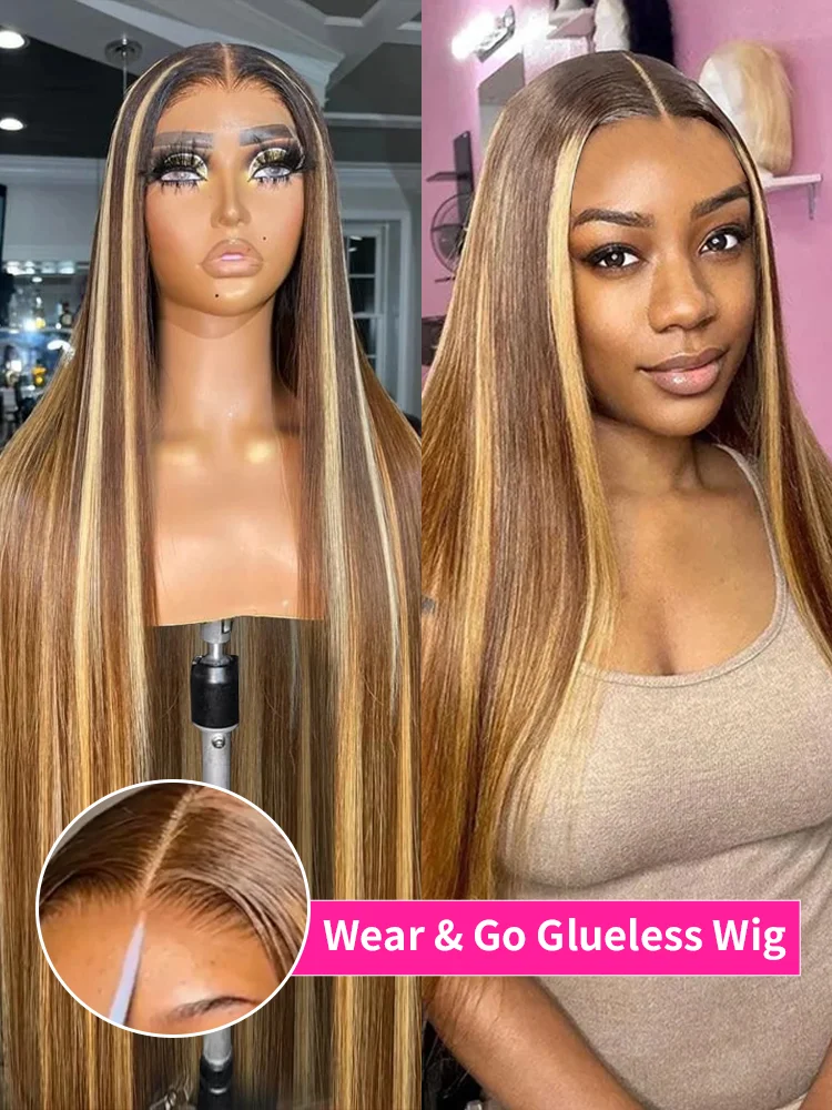 Wear Go Glueless Wig Ombre Honey Blonde Straight Lace Front Wig Human Ha - £67.06 GBP+