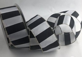 2.5 in Wide X 50 Yards Premium Wired Ribbon Black/White Stripe Silver Trim - £16.49 GBP